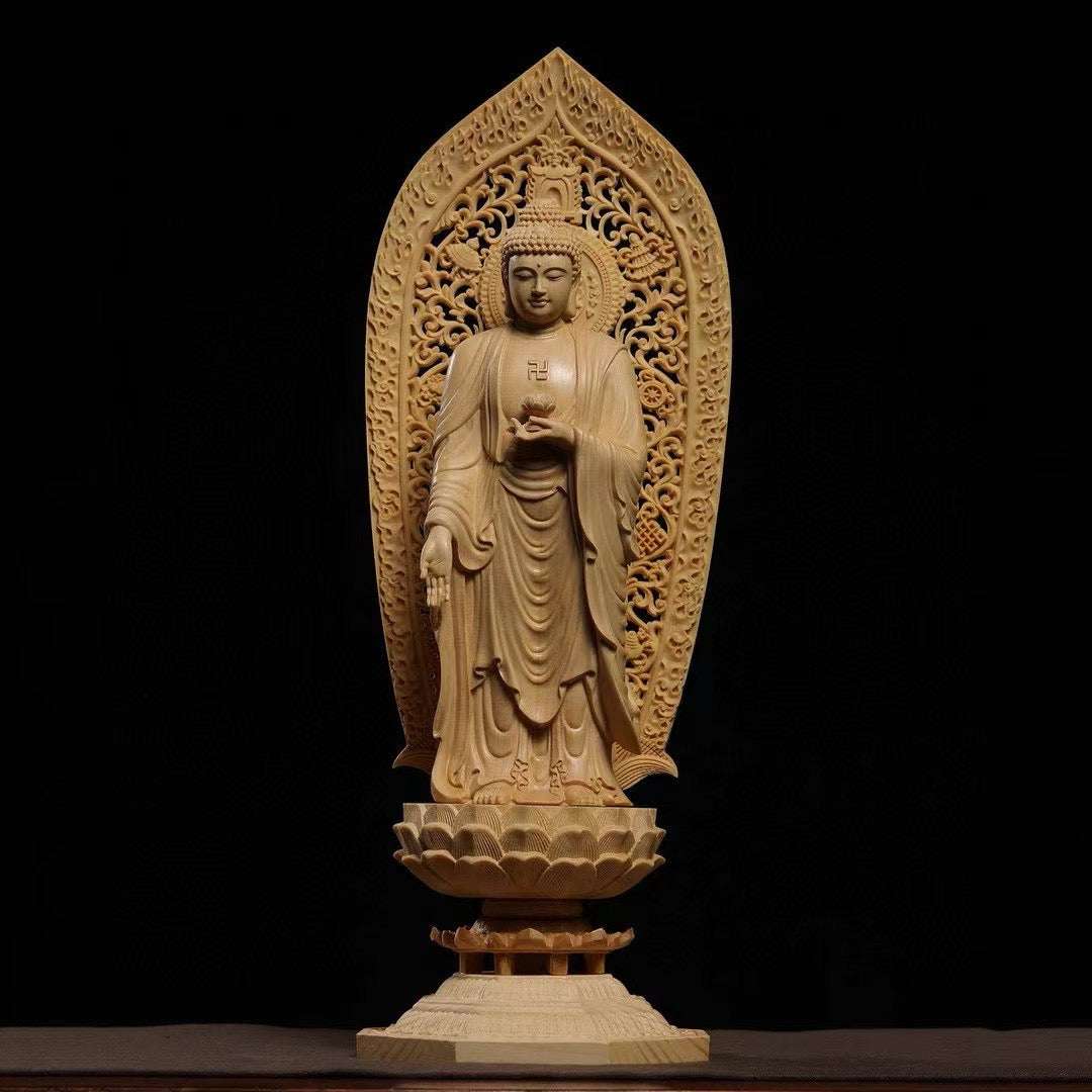 極上彫り 木彫り 阿弥陀三尊 立像