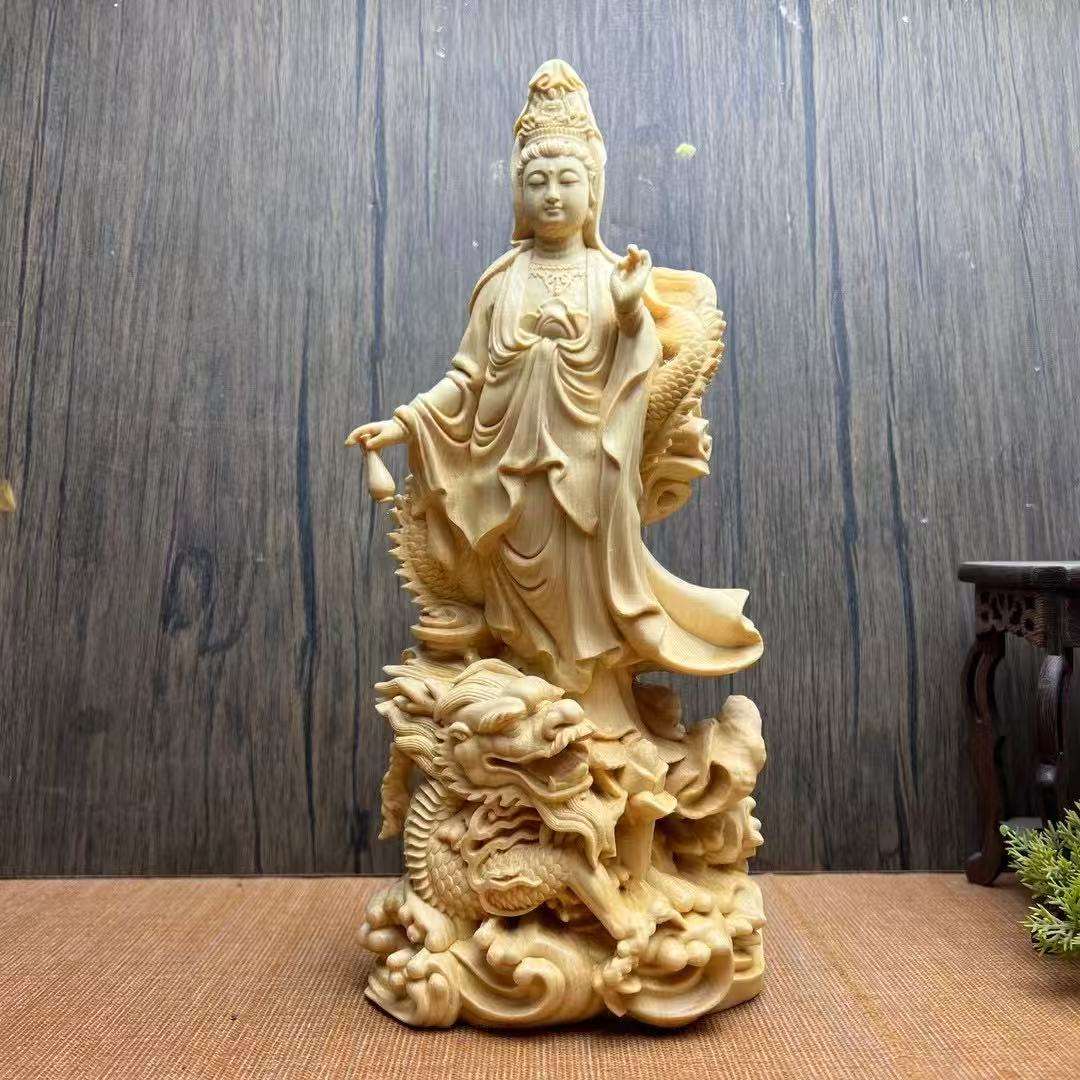 桧一杢彫り 龍上観音菩薩像