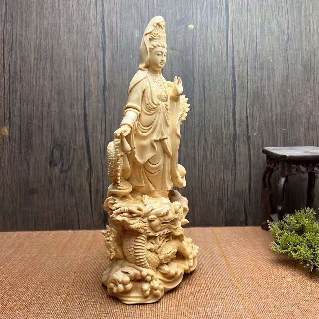 桧一杢彫り 龍上観音菩薩像
