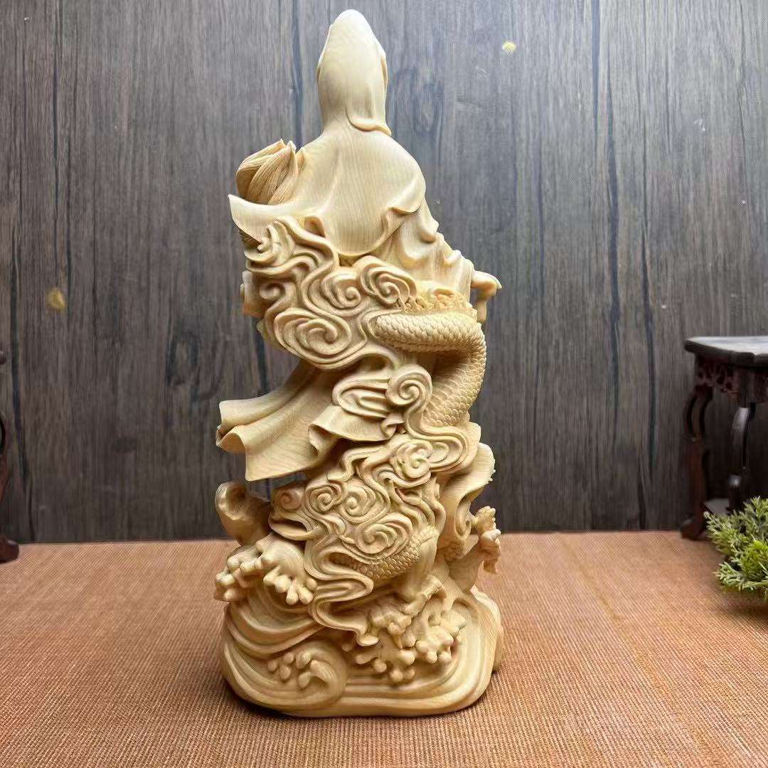 桧一杢彫り 龍上観音菩薩像