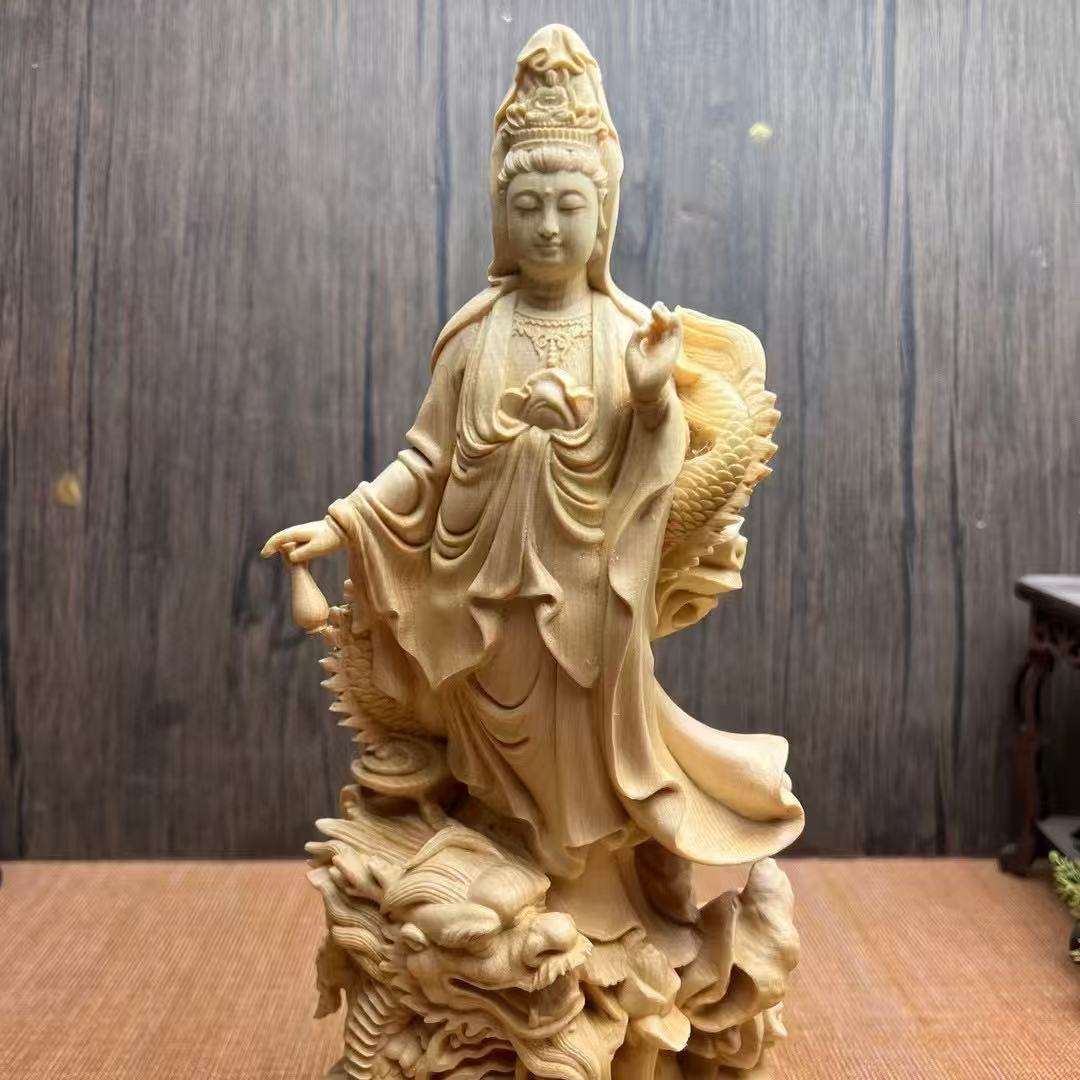 桧一杢彫り 龍上観音菩薩像