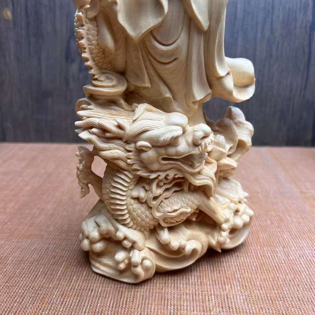 桧一杢彫り 龍上観音菩薩像