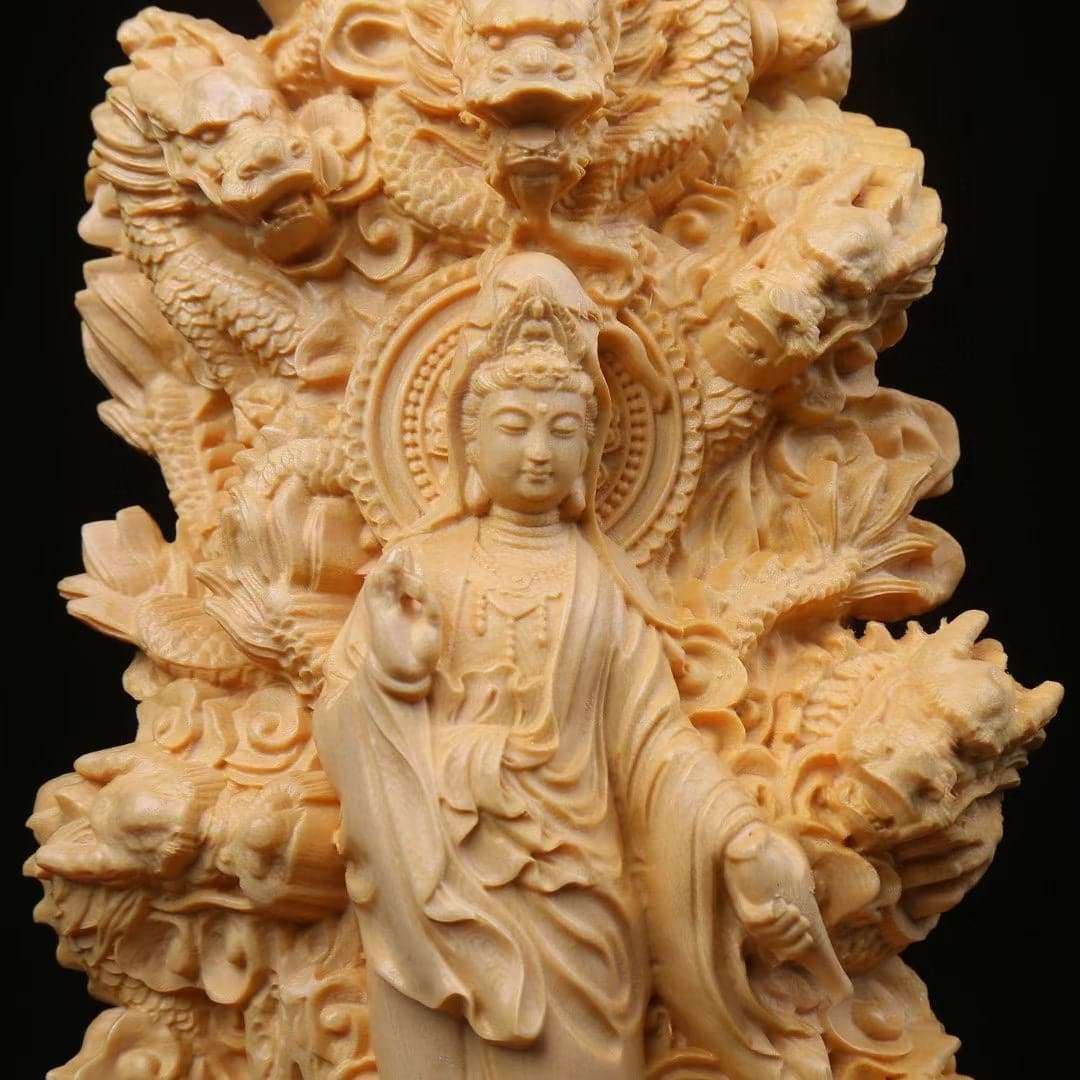 木彫り 龍上観音菩薩 仏像 九龍観音