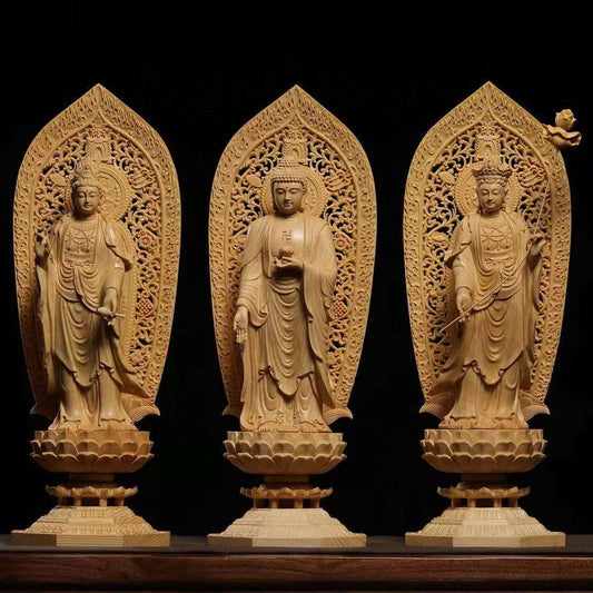 極上彫り 木彫り 阿弥陀三尊 立像