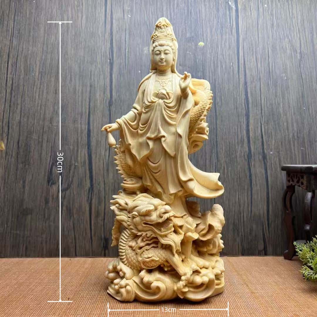 桧一杢彫り 龍上観音菩薩像