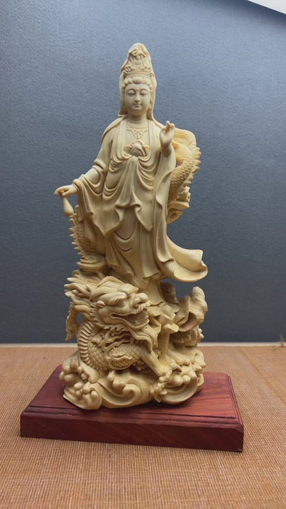 桧一杢彫り 龍上観音菩薩像