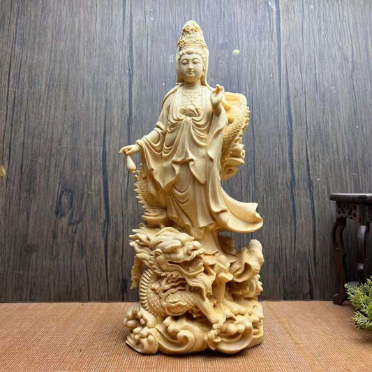 桧一杢彫り 龍上観音菩薩像