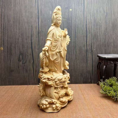 桧一杢彫り 龍上観音菩薩像