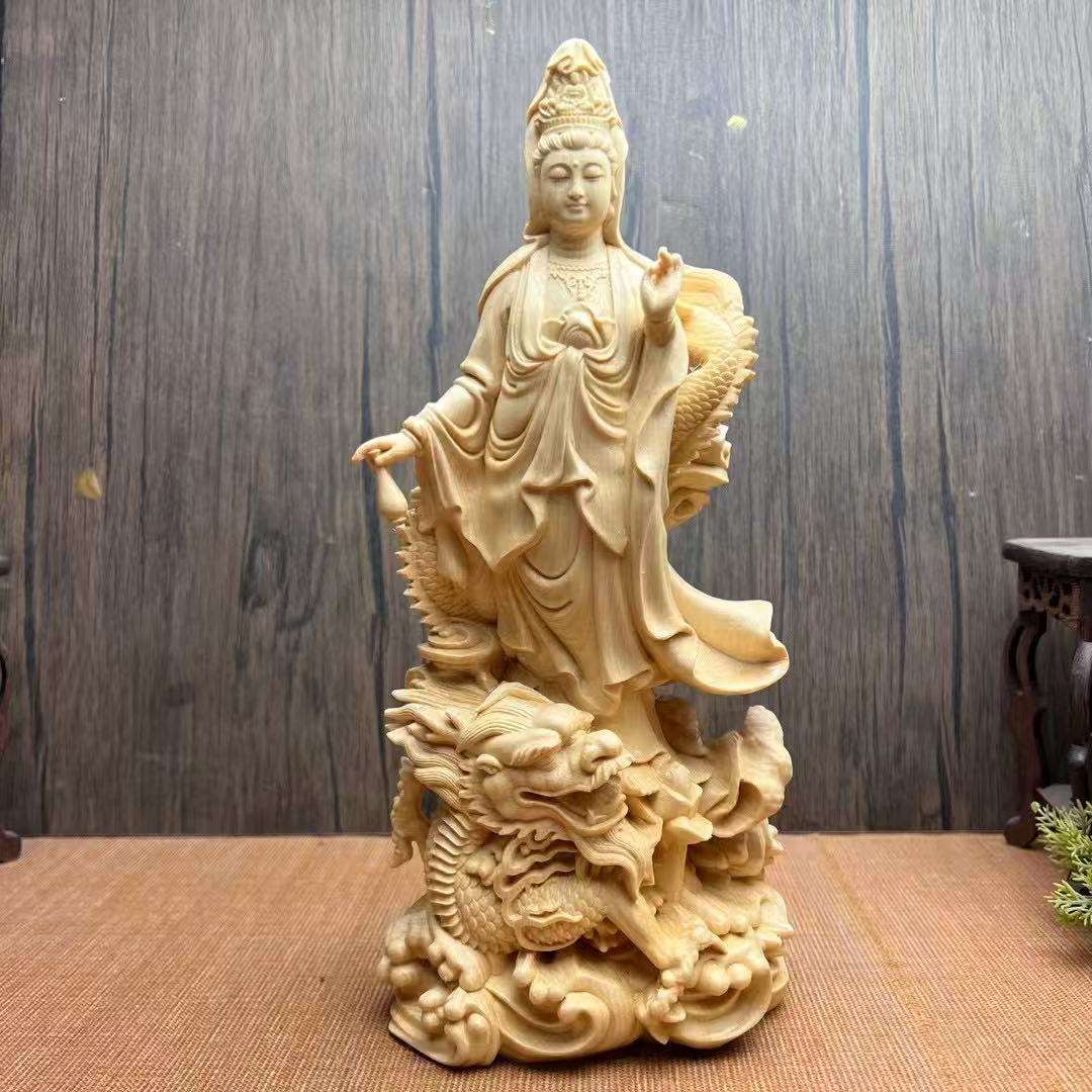 桧一杢彫り 龍上観音菩薩像
