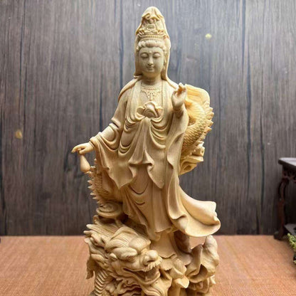 桧一杢彫り 龍上観音菩薩像