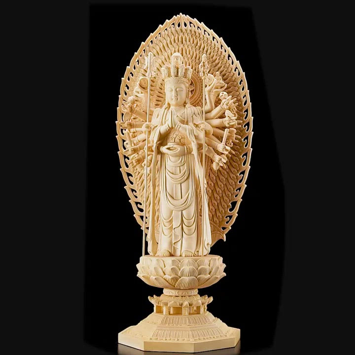 千手観音菩薩　仏像　お皿　円形　木彫り彫刻 千手観音菩薩 仏像 お皿 円形 木彫り彫刻