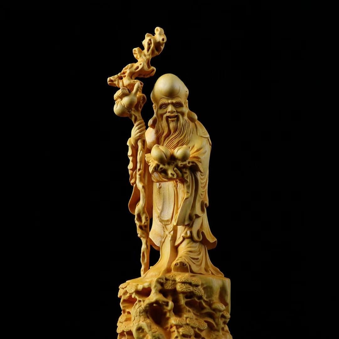 木彫 寿老人像 天然木 置物 七福神 福禄寿 天然木台座 セット