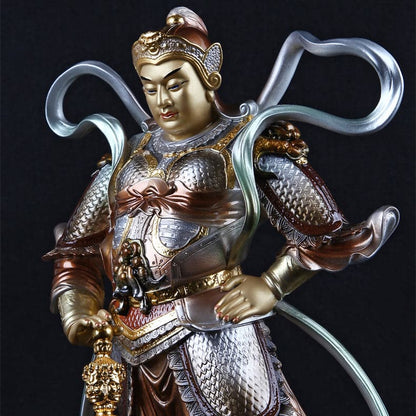 極上彫り 仏像 銅製 韋駄天 銅像 坐像 極彩色絵系