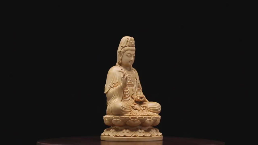 仏教美術　米林菊彫人作　木彫　聖観世音菩薩像　仏像　共箱　V　R6142B 観音菩薩立像#045 観世音菩薩 聖観音 4寸#1 ◇白檀 木彫 仏像