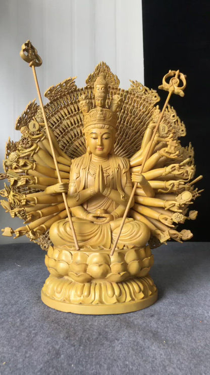 100%手作り! 限定品！木彫り 仏像 千手観音 坐像 楠製