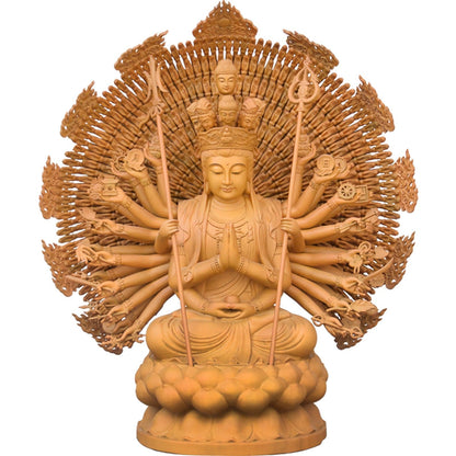 100%手作り! 限定品！木彫り 仏像 千手観音 坐像 楠製