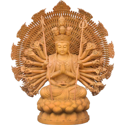 100%手作り! 限定品！木彫り 仏像 千手観音 坐像 楠製